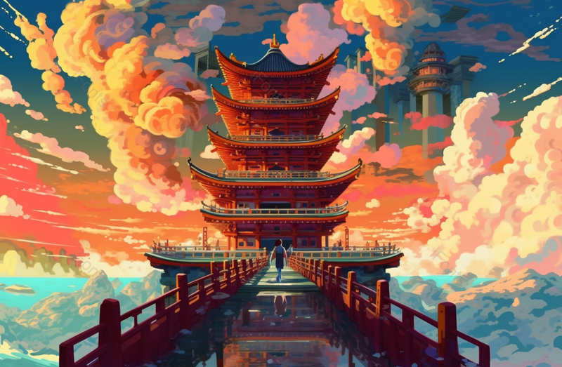 日落前的河边古楼古风插画,插画/手绘图,插画/手绘图库,插画/手绘图下载,插画/手绘